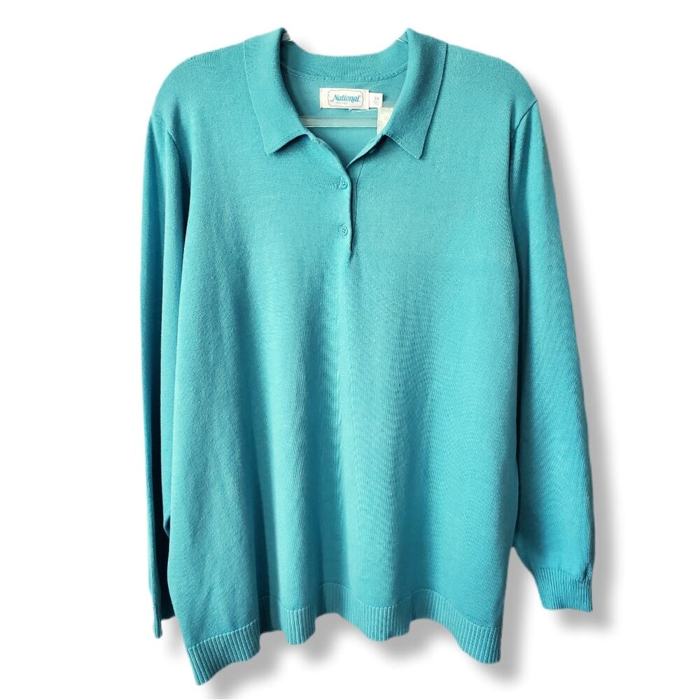 Women National Blue Finely Knit Polo Sweater 3X Classic Casual Relaxed Soft NEW